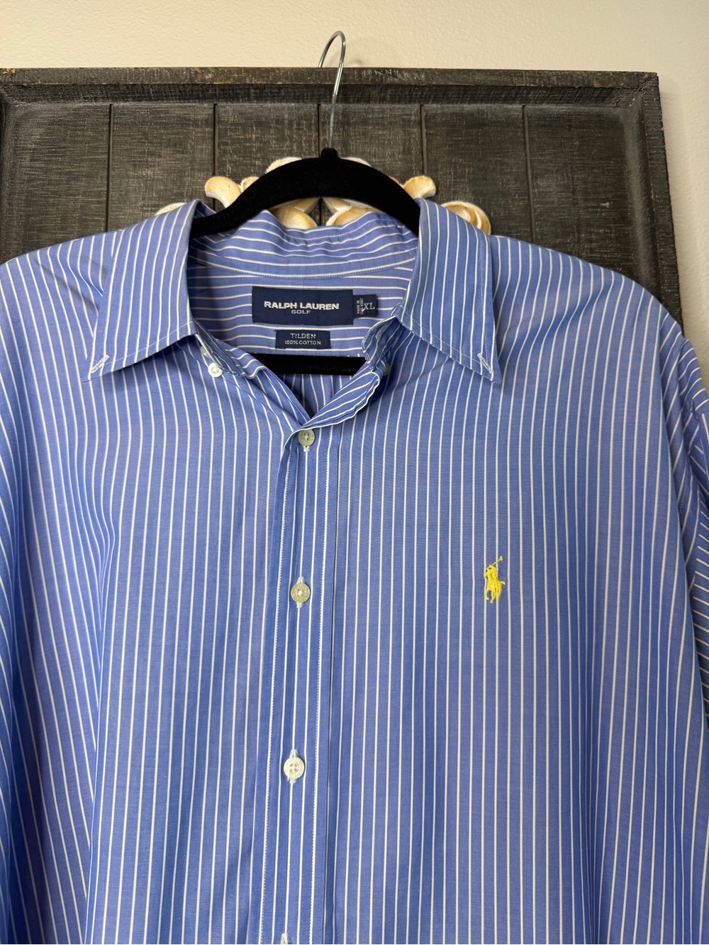 Ralph Lauren Blue and White Pinstripe Dress Shirt with Yellow Logo